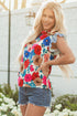 Floral Striped Mock Neck Flutter Sleeve Woven Blouse