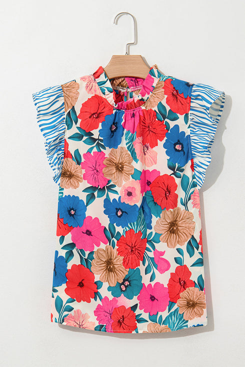Floral Striped Mock Neck Flutter Sleeve Woven Blouse