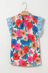 Floral Striped Mock Neck Flutter Sleeve Woven Blouse