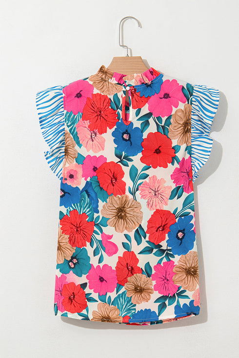 Floral Striped Mock Neck Flutter Sleeve Woven Blouse