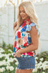 Floral Striped Mock Neck Flutter Sleeve Woven Blouse
