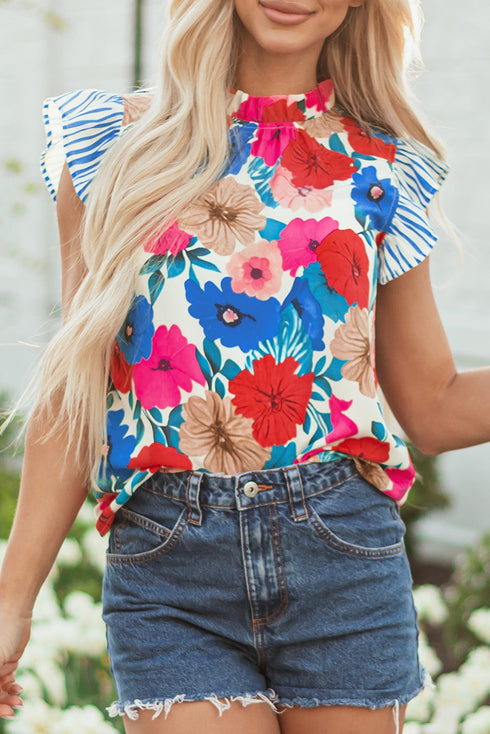 Floral Striped Mock Neck Flutter Sleeve Woven Blouse