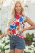 Floral Striped Mock Neck Flutter Sleeve Woven Blouse