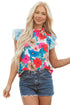 Floral Striped Mock Neck Flutter Sleeve Woven Blouse