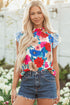 Floral Striped Mock Neck Flutter Sleeve Woven Blouse