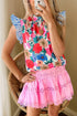 Floral Striped Mock Neck Flutter Sleeve Woven Blouse