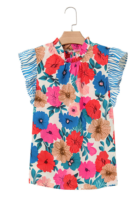 Floral Striped Mock Neck Flutter Sleeve Woven Blouse