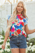 Floral Striped Mock Neck Flutter Sleeve Woven Blouse