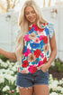 Floral Striped Mock Neck Flutter Sleeve Woven Blouse