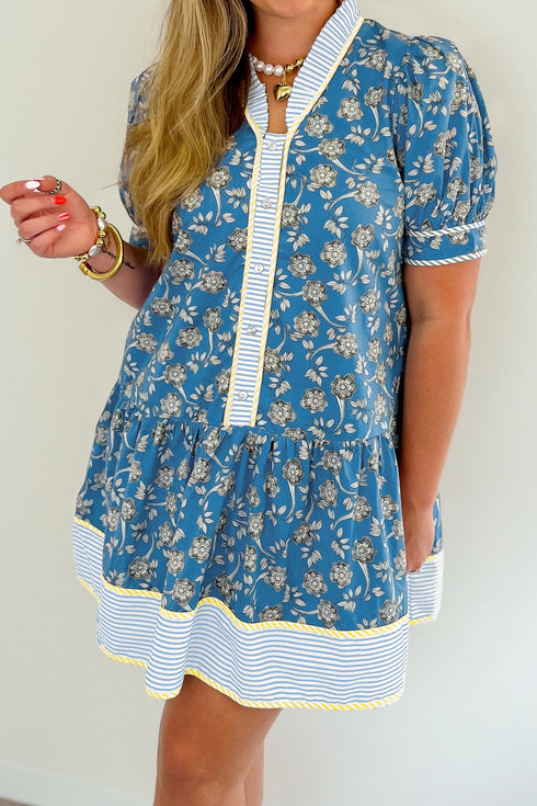 Floral Striped Patchwork Puff Sleeve Button Front Mini Dress