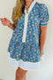 Floral Striped Patchwork Puff Sleeve Button Front Mini Dress