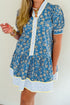 Floral Striped Patchwork Puff Sleeve Button Front Mini Dress