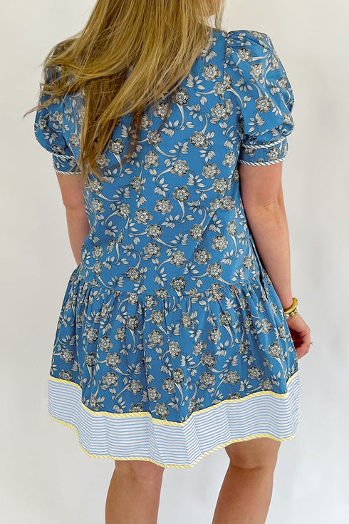 Floral Striped Patchwork Puff Sleeve Button Front Mini Dress