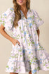 Floral Striped Patchwork Puff Sleeve Tie Neck Mini Dress