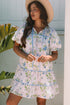 Floral Striped Patchwork Puff Sleeve Tie Neck Mini Dress