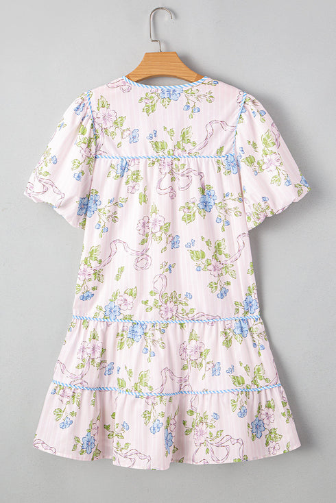 Floral Striped Patchwork Puff Sleeve Tie Neck Mini Dress