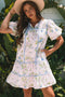 Floral Striped Patchwork Puff Sleeve Tie Neck Mini Dress