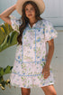 Floral Striped Patchwork Puff Sleeve Tie Neck Mini Dress
