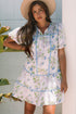 Floral Striped Patchwork Puff Sleeve Tie Neck Mini Dress
