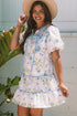 Floral Striped Patchwork Puff Sleeve Tie Neck Mini Dress