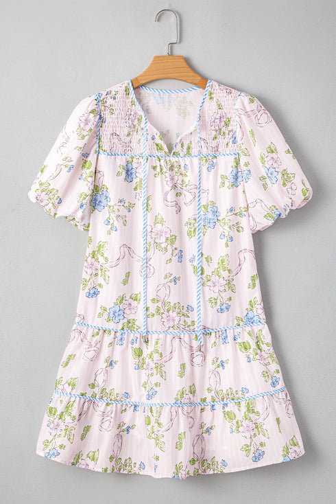 Floral Striped Patchwork Puff Sleeve Tie Neck Mini Dress