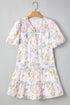 Floral Striped Patchwork Puff Sleeve Tie Neck Mini Dress
