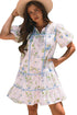 Floral Striped Patchwork Puff Sleeve Tie Neck Mini Dress