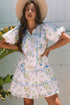 Floral Striped Patchwork Puff Sleeve Tie Neck Mini Dress