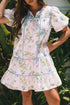Floral Striped Patchwork Puff Sleeve Tie Neck Mini Dress