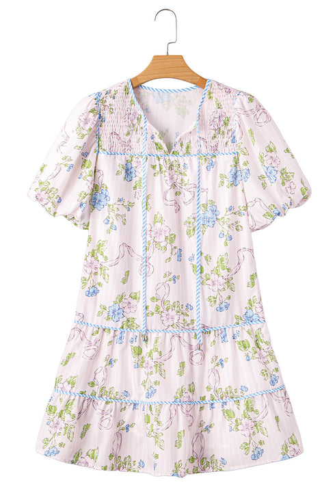 Floral Striped Patchwork Puff Sleeve Tie Neck Mini Dress
