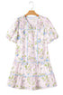 Floral Striped Patchwork Puff Sleeve Tie Neck Mini Dress