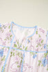 Floral Striped Patchwork Puff Sleeve Tie Neck Mini Dress
