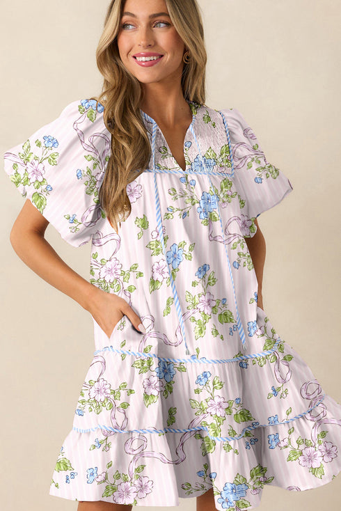 Floral Striped Patchwork Puff Sleeve Tie Neck Mini Dress