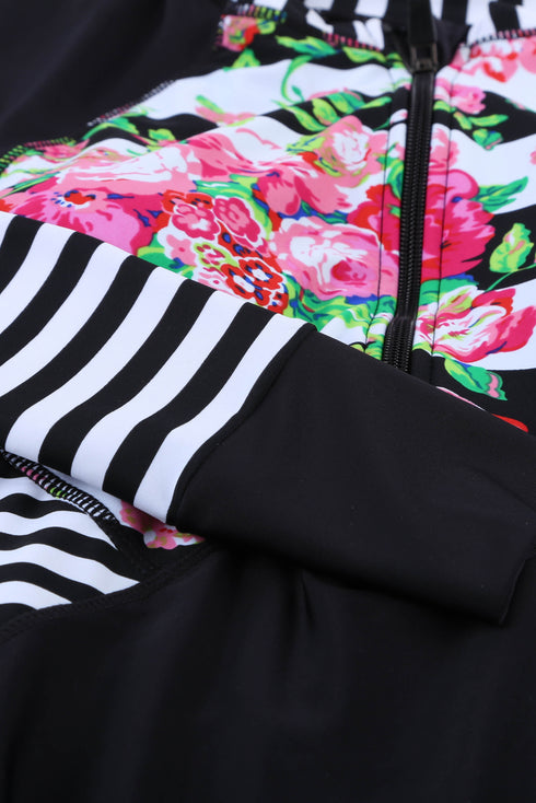 Floral Striped Patchwork Rashguard One-Piece Swimsuit