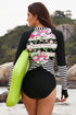Floral Striped Patchwork Rashguard One-Piece Swimsuit