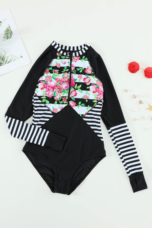Floral Striped Patchwork Rashguard One-Piece Swimsuit