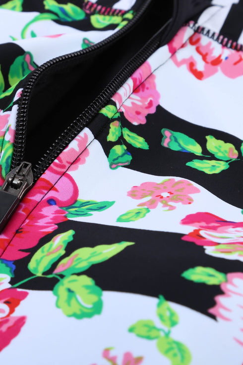Floral Striped Patchwork Rashguard One-Piece Swimsuit