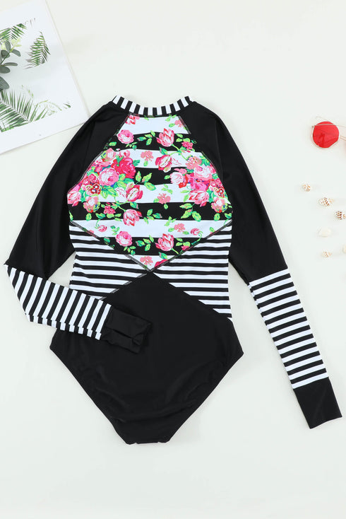 Floral Striped Patchwork Rashguard One-Piece Swimsuit