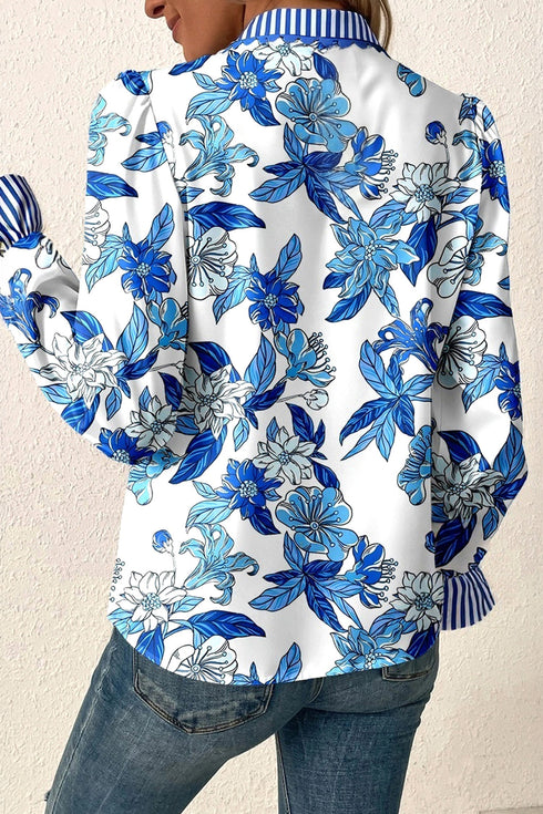 Floral Striped Patchwork Ricrac Trim Ruffle Sleeve Blouse