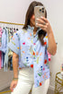 Floral Striped Patchwork Ruffled Collar Short Sleeve Shirt