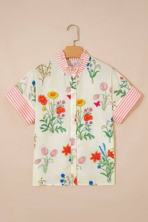 Floral Striped Patchwork Ruffled Collar Short Sleeve Shirt