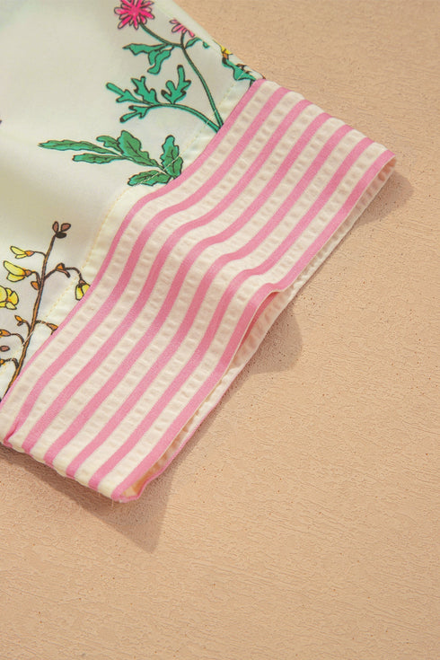 Floral Striped Patchwork Ruffled Collar Short Sleeve Shirt