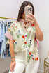 Floral Striped Patchwork Ruffled Collar Short Sleeve Shirt