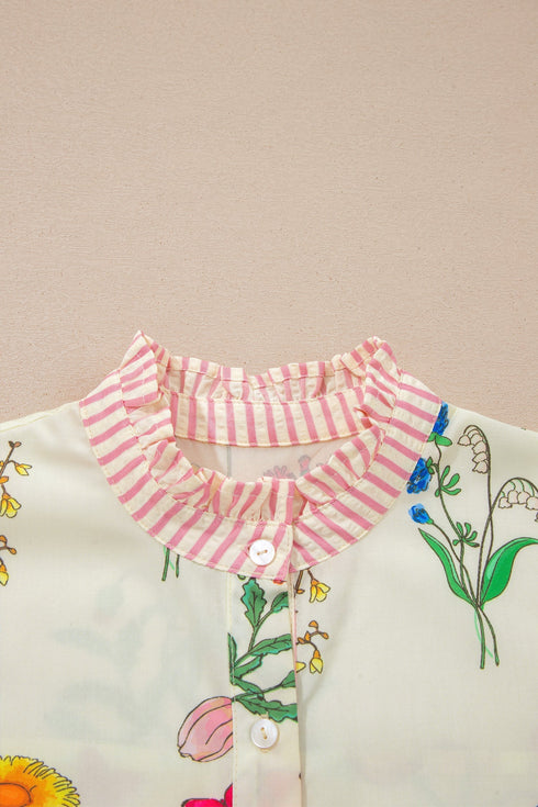 Floral Striped Patchwork Ruffled Collar Short Sleeve Shirt