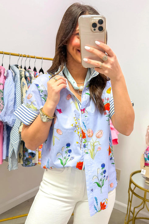 Floral Striped Patchwork Ruffled Collar Short Sleeve Shirt