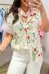 Floral Striped Patchwork Ruffled Collar Short Sleeve Shirt