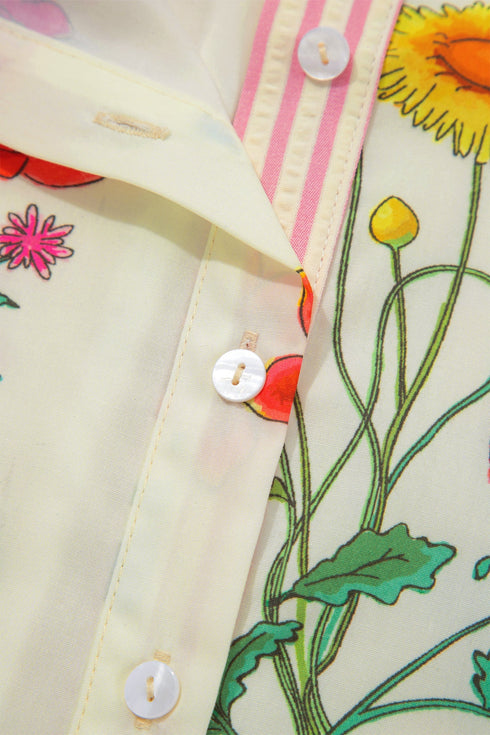 Floral Striped Patchwork Ruffled Collar Short Sleeve Shirt