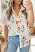 Floral Striped Patchwork Ruffled Collar Short Sleeve Shirt