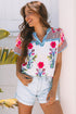 Floral Striped Patchwork Split Neck Short Sleeve Blouse