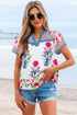 Floral Striped Patchwork Split Neck Short Sleeve Blouse